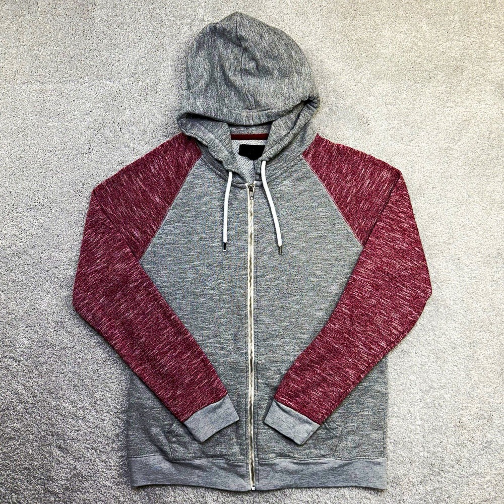 21men Forever 21 Mens Full Zip Hoodie Sweatshirt Gray Maroon Raglan Size L